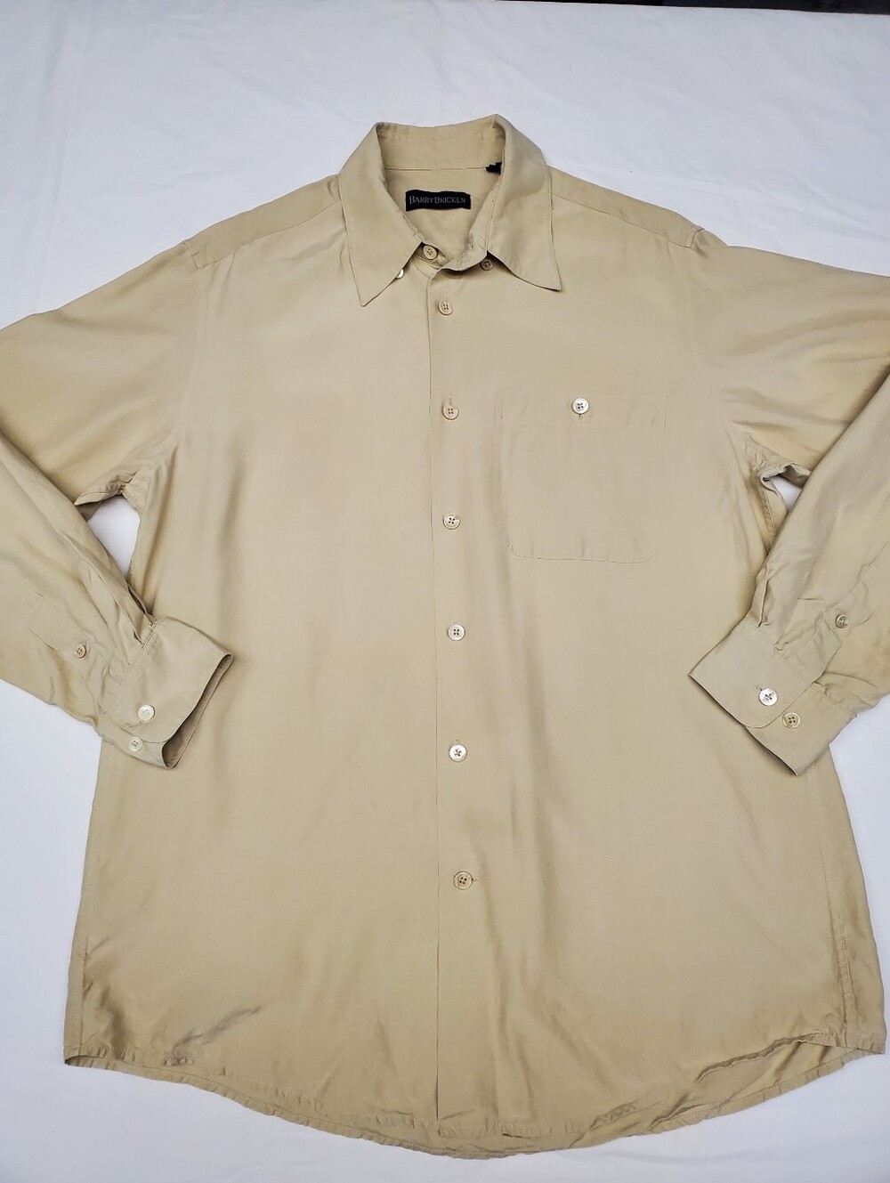 Barry Bricken Mens M Khaki Button Down Shirt Silkl Blend Chest Pocket Tan